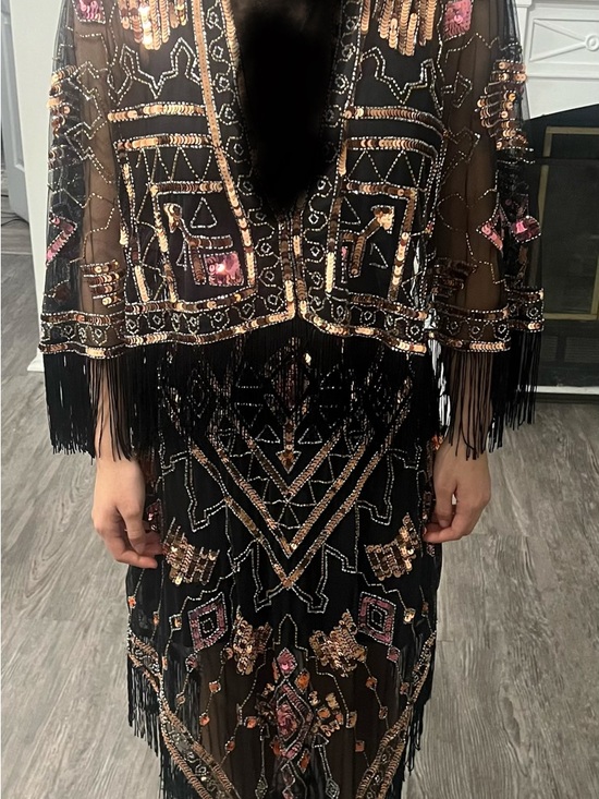 RARE Y2K ASOS design Black Sequin Fringe Maxi Dress with Pink & Rose Accents#A10 - Picture 15 of 16